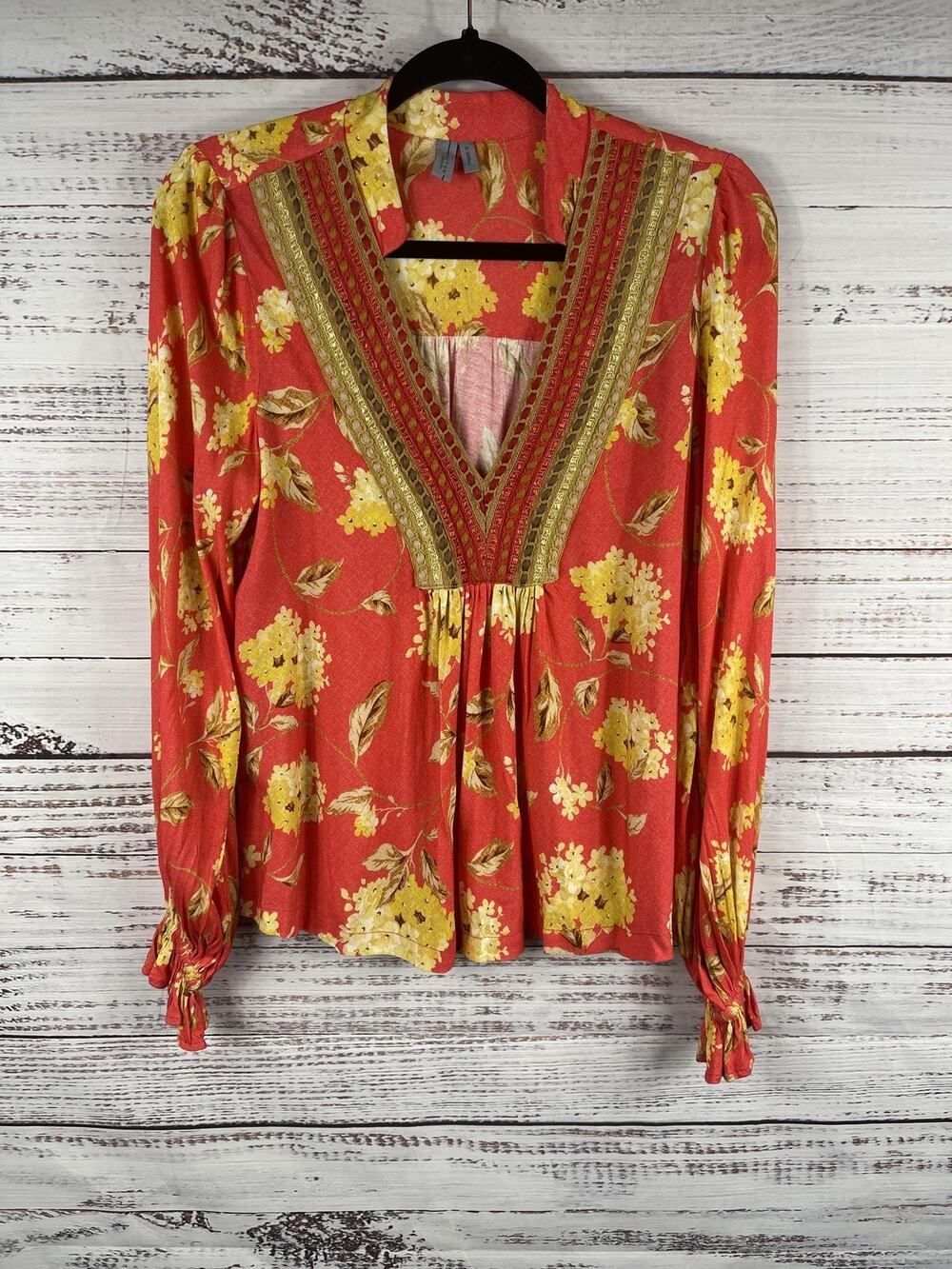 Blank London Blouse Women's XS Orange Floral Embroidered V Neck Boho Tunic Top